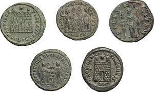 reverse: Roman Empire.. Multiple lot of five (5) unclassified AE coins of 3rd-4th centuries, including an interesting and rare bronze core of a fourrée denarius of Maximinus I