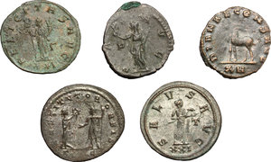 reverse: Roman Empire.. Multiple lot of five (5) unclassified BI Antoniniani of Gallienus, Postumus, Aurelianus and Probus (2)