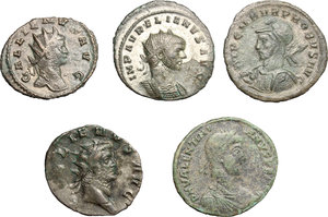 obverse: Roman Empire.. Multiple lot of five (5) unclassified BI and AE coins of Gallienus, Aurelianus, Probus and Valentinianus I