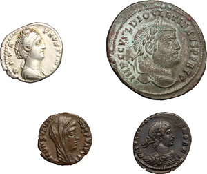 obverse: Roman Empire.. Multiple lot of four (4) unclassified coins: Faustina I, AR Denarius, Diocletian, AE Follis, Constantine the Great, AE 15 mm, Constantine II, AE 17 mm