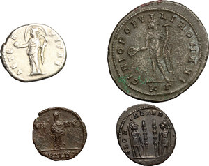 reverse: Roman Empire.. Multiple lot of four (4) unclassified coins: Faustina I, AR Denarius, Diocletian, AE Follis, Constantine the Great, AE 15 mm, Constantine II, AE 17 mm