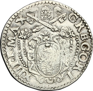 obverse: Ancona.  Gregorio XIII (1572-1585).. Testone stemma con putti