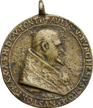 obverse: Paolo V (1605-1621), Camillo Borghese di Roma. Medaglia 1605 per la posa della prima pietra nella Cappella Borghese della Basilica di Santa Maria Maggiore