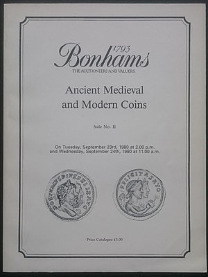 obverse: Bonhams in association with V.C. Vcchi & Sons. Sale No. II. Ancient, Medieval and Modern Coins. Londra, 23-24 Settembre 1980. Brossura editoriale, 165 lotti, tavole B/N. Buone condizioni