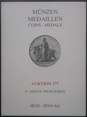 obverse: Hess - Divo. Auktion 277 - Munzen - Medaillen. Zurigo, 21 Gennaio 1999. Copertina rigida, 1047 lotti, foto B/N. Ottime condizioni