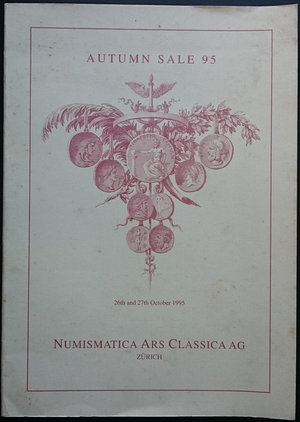 obverse: NAC - Numismatica Ars Classica. Autumn Sale 95. Zurigo, 26-27 Ottobre 1995. Brossura editoriale, 1678 lotti, tavole B/N + 8 tavole a colori. Ottime condizioni, copertina macchiata