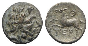 obverse: Pisidia, Termessos, 1st century BC. Æ (18mm, 5.56g, 12h), year 9 (63/2 BC). Laureate head of Zeus r. R/ Horse galloping l.; Θ (date) above. SNG BnF -. Green patina, Good VF