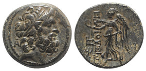 obverse: Cilicia, Elaiussa-Sebaste, 1st century BC. Æ (21mm, 6.75g, 12h). Diademed head of Zeus r.; A behind. R/ Nike advancing l., holding wreath; monograms to l. SNG BnF 1139; SNG Levante 826-30 var. (controls). Green patina, Good VF - near EF