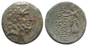 obverse: Cilicia, Elaiussa-Sebaste, 1st century BC. Æ (22mm, 6.36g, 12h). Diademed head of Zeus r.; monogram behind. R/ Nike advancing l., holding wreath; monograms to l. SNG BnF 1133-4; SNG Levante 826-30 var. (controls). Green patina, VF