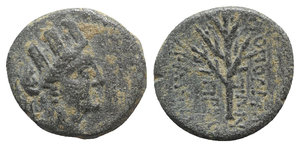 obverse: Cilicia, Hierapolis-Kastabala, 2nd-1st century BC. Æ (15mm, 2.83g, 12h). Turreted head of Tyche r. R/ Palm tree. SNG BnF –; SNG Levante 1566. Green patina, VF