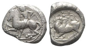 obverse: Cilicia, Kelenderis, c. 430-420 BC. AR Stater (21mm, 10.75g, 9h). Nude youth, holding whip, dismounting from horse rearing l. R/ Goat kneeling l., head r.; branch with ivy leaf and berries above; all within shallow incuse circle. Casabonne Type 2; SNG BnF 48 var. (Π on obv.); SNG Levante –. Near VF