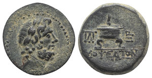 obverse: Cilicia, Mopsos, 164-27 BC. Æ (21mm, 6.36g, 12h). Laureate and draped bust of Zeus r. R/ Fire altar; monograms flanking. SNG BnF 1956; SNG Levante 1305; SNG von Aulock 1952. Green patina, VF
