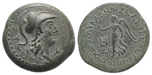obverse: Cilicia, Seleukeia, 2nd-1st centuries BC. Æ (24mm, 7.47g, 12h). Helmeted head of Athena r.; ZY E behind, branch before. R/ Nike advancing l., holding wreath and palm; monogram over ΔI to l. SNG BnF 889ff. var. (controls); SNG Levante 680-9 var. (same). Green patina, VF