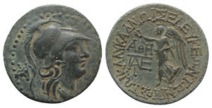 obverse: Cilicia, Seleukeia, 2nd-1st centuries BC. Æ (24mm, 7.16g, 1h). Helmeted head of Athena r.; monogram behind. R/ Nike advancing l., holding wreath and palm; AΘE/monogram to l. SNG BnF 893-4; SNG Levante 680 var. (obv. monogram). Green patina, Good VF