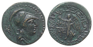 obverse: Cilicia, Seleukeia, 2nd-1st centuries BC. Æ (23mm, 8.85g, 1h). Helmeted head of Athena r.; monogram behind. R/ Nike advancing l., holding wreath and palm; AΘE/monogram to l. SNG BnF 893-4; SNG Levante 680 var. (obv. monogram). Dark green patina, Good VF