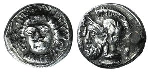 obverse: Cilicia, Tarsos. Pharnabazos (Persian military commander, 380-374/3 BC). AR Stater (23mm, 9.61g, 12h). Head of nymph facing slightly l. R/ Helmeted head of Ares l. SNG BnF 241ff. Holed and repaired, Fine