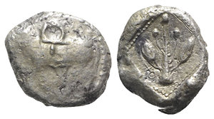 obverse: Cyprus, Uncertain, early 5th century BC. AR Siglos – Stater (19mm, 10.94g, 7h). Ram walking l., upon which an ankh symbol is superimposed. R/ Laurel branch with bud at top, and a leaf and fruit on each side; uncertain symbol to l., ankh symbol to l.; all in dotted square within incuse square. Zapiti & Michaelidou 2 var. (no symbols in field on rev.); cf. SNG Copenhagen Supp. 625. Rare, Good Fine / about VF