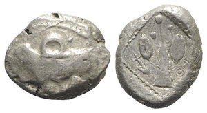 obverse: Cyprus, Uncertain, early 5th century BC. AR Siglos – Stater (20mm, 10.76g, 2h). Ram walking l., upon which an ankh symbol is superimposed. R/ Laurel branch with bud at top, and a leaf and fruit on each side; uncertain symbol to l., anchor to l., ankh symbol to r.; all in dotted square within incuse square. Zapiti & Michaelidou 2 var. (no symbols in field on rev.); cf. SNG Copenhagen Supp. 625. Rare, Good Fine / about VF