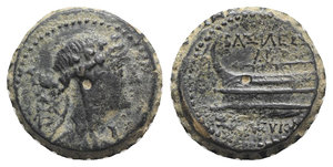 obverse: Seleukos IV (187-175 BC). Serrate Æ (20mm, 7.52g, 2h). Antioch on the Orontes. Draped bust of Dionysos r., wreathed with ivy, thyrsos over shoulder; monogram behind. R/ Prow of galley l.; monogram above. SC 1316.2b; HGC 9, 586. Green patina, near VF
