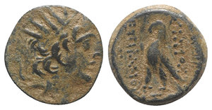 obverse: Seleukid Kings, Antiochos VIII (121/0-97/6 BC). Æ (17mm, 3.73g, 1h). Antioch. Radiate and diademed head r. R/ Eagle with closed wings standing r. on thunderbolt. SC 2300ff; HGC 9, 1212. Brown patina, near VF
