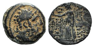 obverse: Seleukid Kings, Antiochos IX (114/3-95 BC). Æ (17mm, 4.57g, 12h). Antioch on the Orontes, year 203 (110/09 BC). Laureate head of Herakles r. R/ Athena Nikephoros standing l.; to l., monogram over cornucopia. SC 2368.1a; HGC 9, 1250. Brown patina, Good Fine