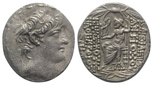 obverse: Seleukid Kings, Antiochos X (c. 94-88 BC). AR Tetradrachm (30mm, 15.47g, 12h). Antioch on the Orontes. Diademed head r. R/ Zeus Nikephoros seated l., holding sceptre; controls to outer l., monogram below throne; all within wreath. Cf. SC 2429; HGC 9, 1287. Light scratches on obv., VF / Good VF