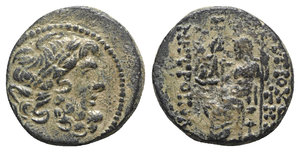 obverse: Seleukis and Pieria, Antioch, Civic Issue. 1st century BC. Æ Tetrachalkon (20mm, 7.51g, 12h). Laureate head of Zeus r. R/ Zeus Nikephoros seated l. on throne, holding scepte. Cf. HGC 9, 1370. Green patina, about VF