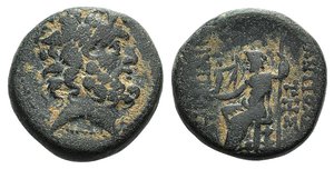 obverse: Seleukis and Pieria, Antioch, 1st century BC. Æ Tetrachalkon (19mm, 9.88g, 1h). Laureate head of Zeus r. R/ Zeus Nikephoros seated l.; all within laurel wreath. RPC I 4216; HGC 9, 1371. Green patina, Good Fine - near VF