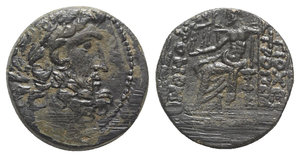 obverse: Seleukis and Pieria, Antioch, c. 38-35 BC. Æ Tetrachalkon (19mm, 8.29g, 12h), year 13 (37/6 BC). Laureate head of Zeus r. R/ Zeus Nikephoros seated l. RPC I 4230; McAlee 61a; HGC 9, 1372. Green patina, VF