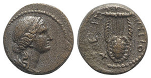 obverse: Seleukis and Pieria, Antioch. Pseudo-autonomous issue, c. AD 54-68. Æ Dichalkon (15mm, 4.00g, 12h), year 111 (AD 62/3). Laureate and draped bust of Apollo r. R/ Lyre. RPC I 4294; McAlee 108. Good VF