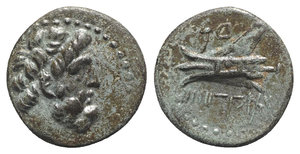 obverse: Phoenicia, Arados, c. 137-51 BC. Æ (14.5mm, 3.12g, 12h), year 117 (143/2 BC). Laureate head of Zeus r. R/ Prow l. HGC 10, 88. Green patina, obv. off-centre, otherwise EF