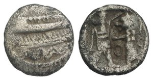 obverse: Samaria, 4th century BC. AR Obol (8mm, 0.57g, 6h). Sidonian galley to l. over waves. R/ Persian king fighting lion; O between. Meshorer and Qedar 199; HGC 10, 399. Good Fine - near VF