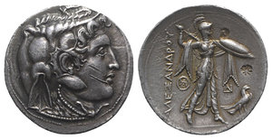 obverse: Ptolemaic Kings of Egypt, Ptolemy I Soter (Satrap, 323-305 BC). AR Tetradrachm (29mm, 15.71g, 12h). In the name of Alexander III of Macedon. Alexandreia, c. 305-304/3 BC. Diademed head of the deified Alexander r., wearing elephant skin and aegis. R/ Athena Alkidemos advancing r., brandishing spear and wearing shield on arm; monogram to inner l.; to r., ΔΙ and eagle standing r. on thunderbolt; two c/ms: rosette and helmet(?). CPE 79; Svoronos 142; SNG Copenhagen 21-2. Scratches on obv. and rev., otherwise Good VF