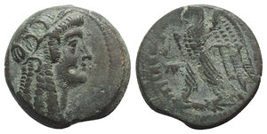obverse: Ptolemaic Kings of Egypt, Ptolemy VI (Second sole reign, 163-145 BC). Æ (26mm, 14.29g, 12h). Alexandreia. Head of Isis r., wearing wreath of grain ears, and her hair in long curls. R/ Eagle with open wings standing l. on thunderbolt; monogram to l. Svoronos 1384 (Ptolemy VI and Kleopatra I as Regent); SNG Copenhagen 279-87 (Ptolemy VI and Kleopatra I as Regent); Lorber & Faucher Series 7B. Green patina, VF