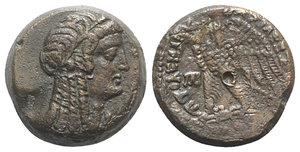 obverse: Ptolemaic Kings of Egypt, Ptolemy VI (Second sole reign, 163-145 BC). Æ (25mm, 15.26g, 12h). Alexandreia. Head of Isis r., wearing wreath of grain ears, and her hair in long curls. R/ Eagle with open wings standing l. on thunderbolt; monogram to l. Svoronos 1384 (Ptolemy VI and Kleopatra I as Regent); SNG Copenhagen 279-87 (Ptolemy VI and Kleopatra I as Regent); Lorber & Faucher Series 7B. Brown patina, near VF