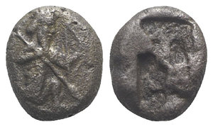 obverse: Achaemenid Kings of Persia, c. 485-420 BC. AR Siglos (15mm, 5.05g). Persian king or hero, wearing kidaris and kandys, quiver over shoulder, in kneeling-running stance r., holding spear and bow. R/ Incuse punch. Carradice Type IIIb. Porous, VF