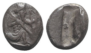 obverse: Achaemenid Kings of Persia, c. 485-420 BC. AR Siglos (16mm, 5.37g). Persian king or hero, wearing kidaris and kandys, quiver over shoulder, in kneeling-running stance r., holding spear and bow. R/ Incuse punch. Carradice Type IIIb. Dark patina, VF