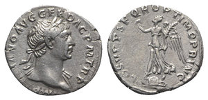 obverse: Trajan (98-117). AR Denarius (19mm, 3.16g, 6h). Rome, 107-111. Laureate bust r., slight drapery on l. shoulder. R/ Victory standing l. on shields, holding wreath and palm. RIC II 129; RSC 76. Good VF