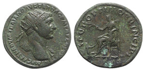 obverse: Trajan (98-117). Æ Dupondius (27mm, 10.98g, 6h). Rome. Radiate bust r., with slight drapery. R/ Pax seated l. on throne, holding branch; to l., Dacian kneeling r. in attitude of supplication. RIC II 512. Green patina, near VF