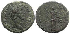 obverse: Antoninus Pius (138-161). Æ As (28mm, 12.14g, 6h). Rome, 140-4. Laureate head r. R/ Felicitas standing l., holding caduceus and branch. RIC III 679. Green patina, near VF