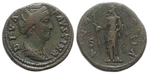 obverse: Diva Faustina Senior (died AD 140/1). Æ Sestertius (31mm, 27.10g, 11h). Draped bust r. R/ Vesta standing l., holding long torch and palladium. RIC III 1125 (Pius). Good Fine