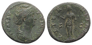 obverse: Diva Faustina Senior (died 140/1). Æ As (27mm, 12.46g, 6h). Rome, 146/7-161. Draped bust r. R/ Aeternitas standing l., raising hand and holding sceptre. RIC III 1155 (Pius). Green patina, Good Fine - near VF
