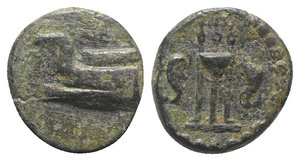 obverse: Megaris, Megara, c. 275-250 BC. Æ Dichalkon (13mm, 2.52g, 12h). Prow of galley l. R/ Tripod; flanked by dolphins upward. BCD Peloponnesos 17; SNG Copenhagen 474. Green patina, VF