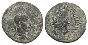 obverse: Trajan Decius (249-251). Mesopotamia, Rhesaena. Æ (21mm, 6.97g, 10h). Laureate, draped and cuirassed bust r. R/ Two turreted and draped busts of Tyche, facing each other; between them, above, eagle with spread wings, below, small altar. RPC IX 1599. Green patina, Good Fine - near VF