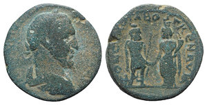 obverse: Trajan Decius (249-251). Arabia, Bostra. Æ (26mm, 17.36g, 12h). Laureate, draped and cuirassed bust r., seen from behind. R/ Zeus-Ammon standing r., clasping hands with Tyche standing l., holding cornucopia. RPC IX 2210; Kindler 48; Spijkerman 63. Green patina, Good Fine