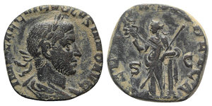 obverse: Volusian (251-253). Æ Sestertius (27mm, 16.79g, 12h). Rome, early AD 253. Laureate, draped and cuirassed bust r. R/ Felicitas standing l., leaning on column, holding caduceus and sceptre. RIC IV 251a. Green patina, scratch on rev., otherwise VF