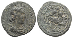 obverse: Valerian I (253-260). Cilicia, Anazarbus. Æ Tetrassarion (29mm, 15.82g, 6h). Dated CY 272 (AD 253/4). Laureate, draped and cuirassed bust r. R/ Dionysus, placing r. arm over head and cradling thyrsus in l., reclining on panther seated r., head l. Ziegler 828; SNG Levante 1517. Green patina, Good Fine - near VF