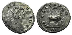 obverse: Gallienus (253-268). Antoninianus (21mm, 3.73g, 1h). Rome, 267-8. Radiate head r. R/ Bull standing r.; XI. RIC V 285; RSC 983. Rare. Silvered, near VF