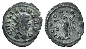obverse: Gallienus (253-268). AR Antoninianus (21mm, 3.37g, 12h). Rome, c. 265-7. Radiate head r. R/ Victory standing l., holding wreath and palm branch. RIC V 297; RSC 1071b. VF