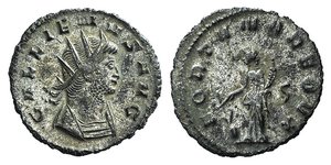 obverse: Gallienus (253-268). Antoninianus (21mm, 3.21g, 1h). Rome, AD 266. Radiate head r. R/ Fortuna seated l., holding rudder and cornucopiae, wheel beneath chair; S to r. RIC V 572; RSC 266. VF